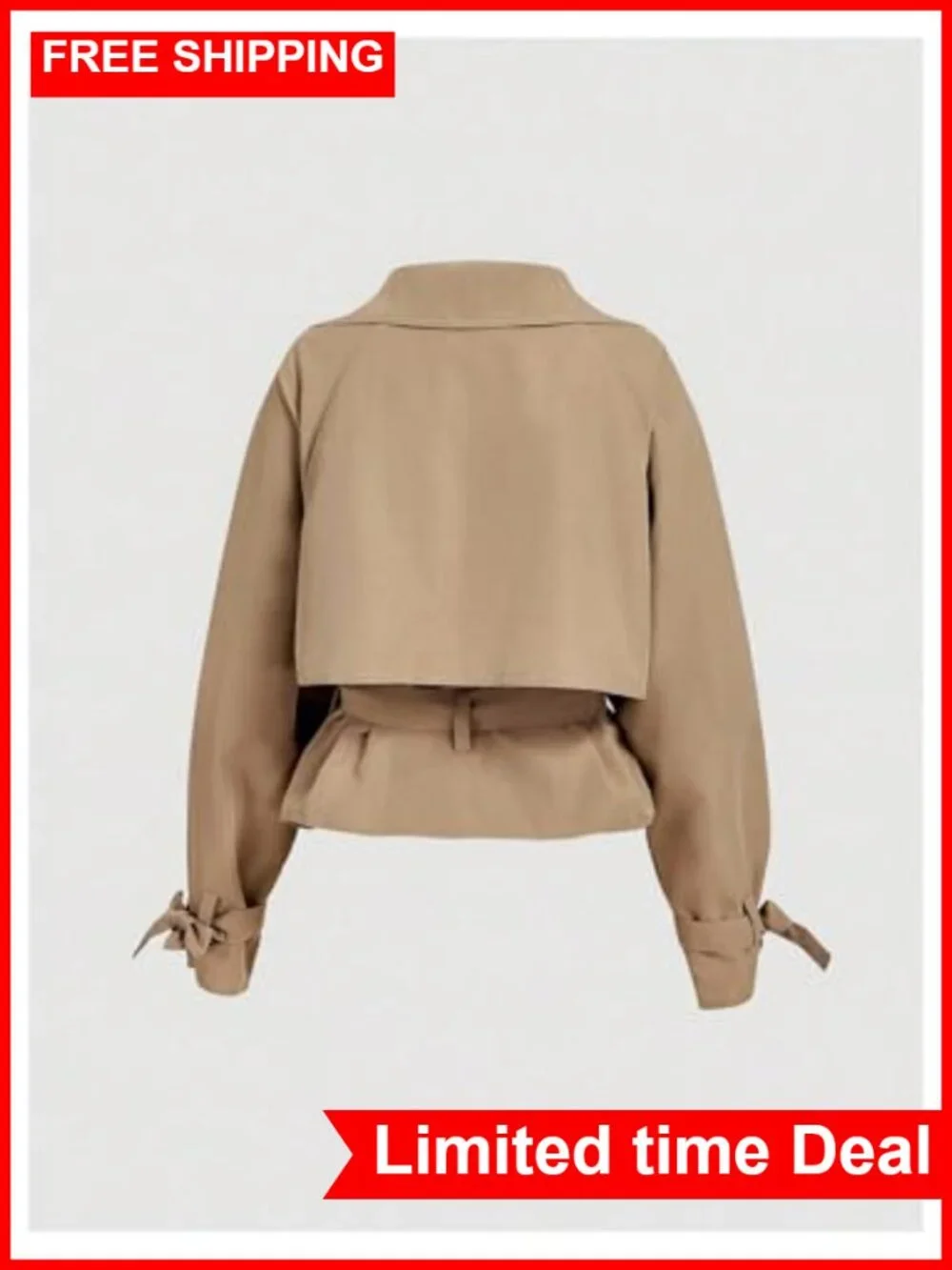 Women's Wrap Tie Belted Trench Coat Lapel Collar Short Coat